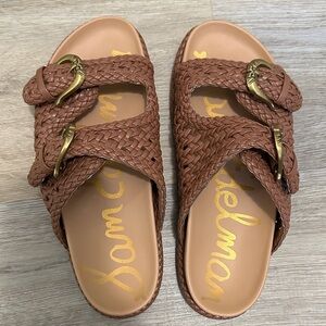 Sam Edelman Brown Woven Sandals with Gold Buckles